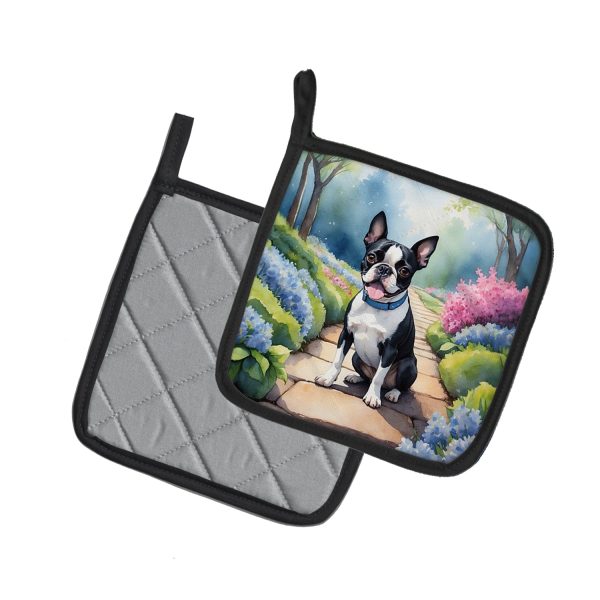 Boston Terrier Spring Path Pair of Pot Holders For Discount - Image 2