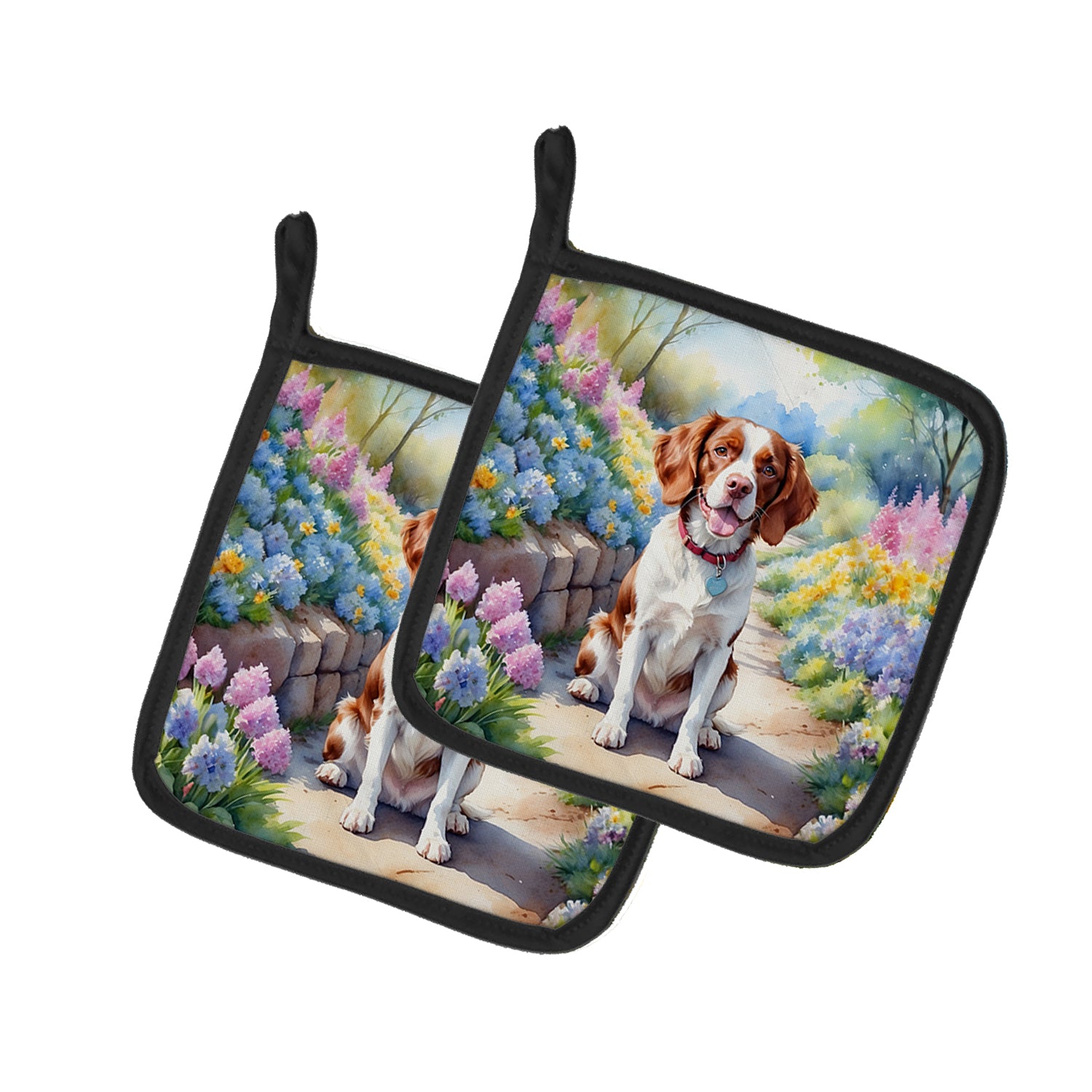 Brittany Spaniel Spring Path Pair of Pot Holders For Discount