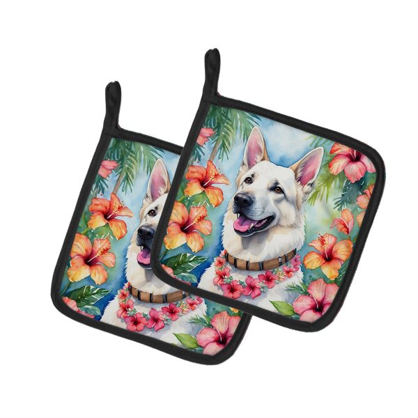 White German Shepherd Luau Pair of Pot Holders Fashion