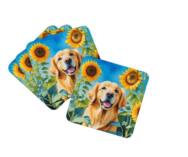 Golden Retriever in Sunflowers Foam Coasters on Sale