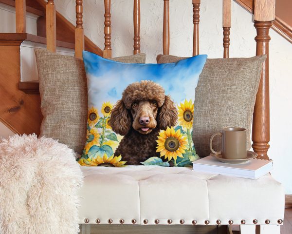 Chocolate Poodle in Sunflowers Throw Pillow For Sale - Image 3
