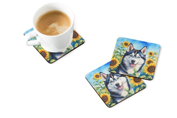 Siberian Husky in Sunflowers Foam Coasters on Sale - Image 2