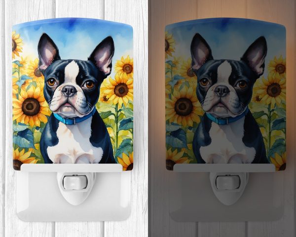 Boston Terrier in Sunflowers Ceramic Night Light Discount - Image 2