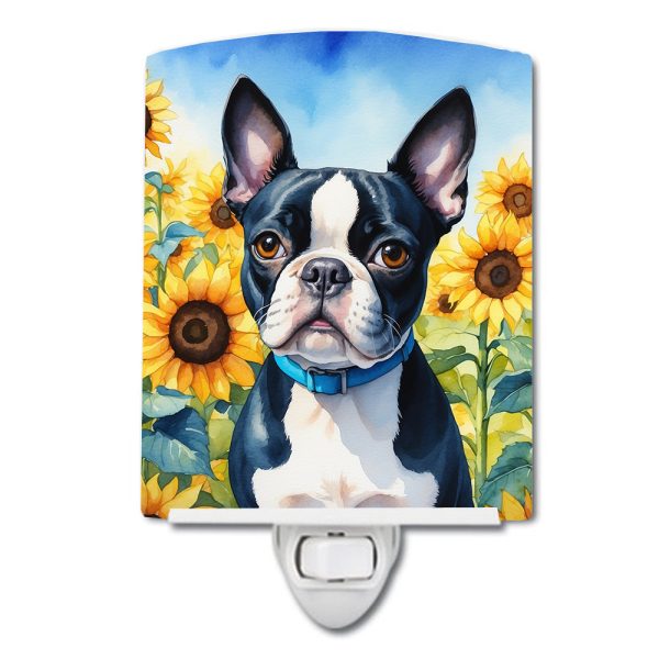 Boston Terrier in Sunflowers Ceramic Night Light Discount