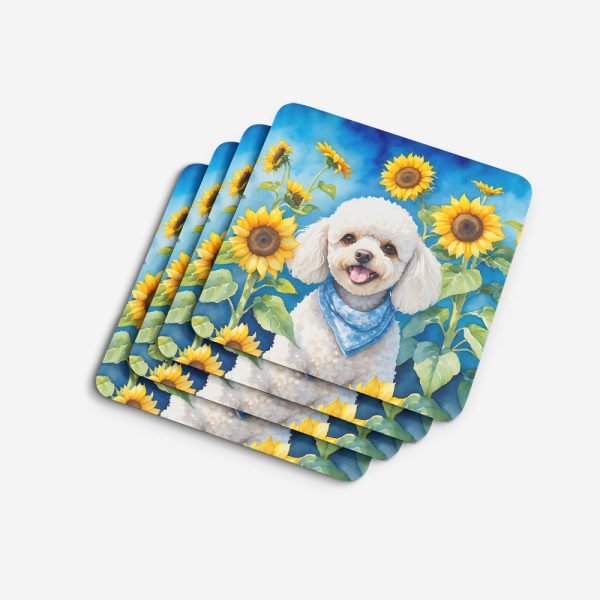 White Poodle in Sunflowers Foam Coasters on Sale - Image 4