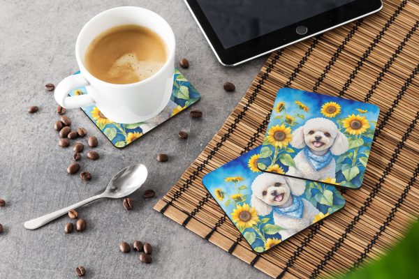 White Poodle in Sunflowers Foam Coasters on Sale - Image 3