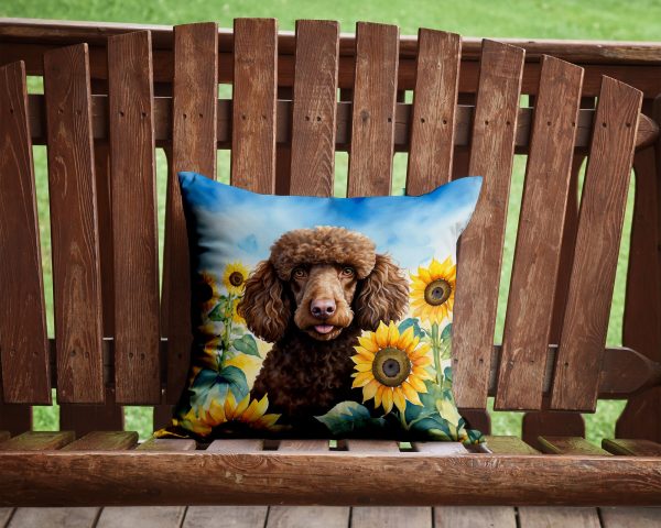 Chocolate Poodle in Sunflowers Throw Pillow For Sale - Image 2