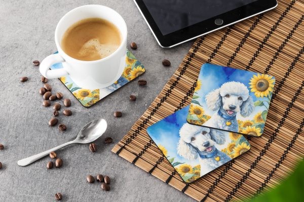 White Poodle in Sunflowers Foam Coasters Cheap - Image 3