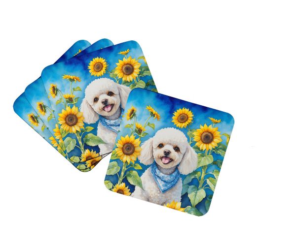 White Poodle in Sunflowers Foam Coasters on Sale