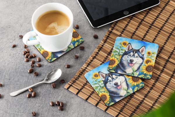 Siberian Husky in Sunflowers Foam Coasters on Sale - Image 3