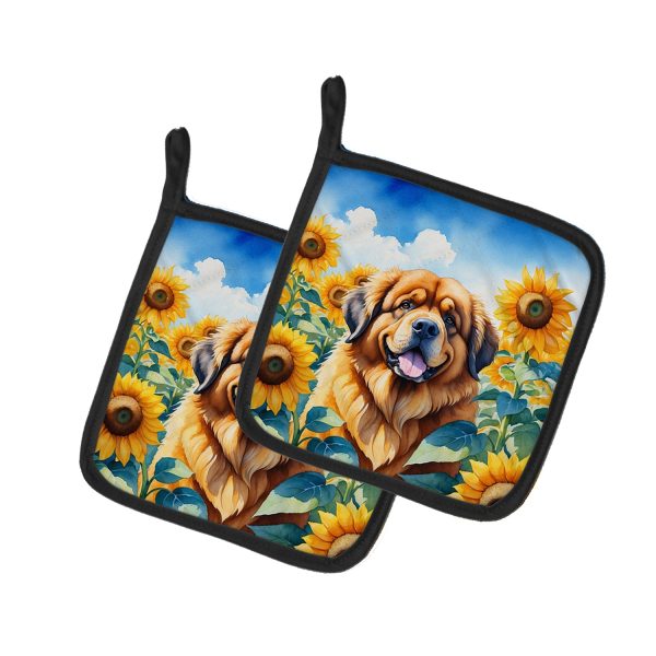 Tibetan Mastiff in Sunflowers Pair of Pot Holders For Sale