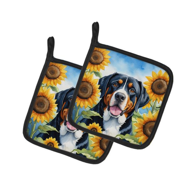 Greater Swiss Mountain Dog in Sunflowers Pair of Pot Holders Online now