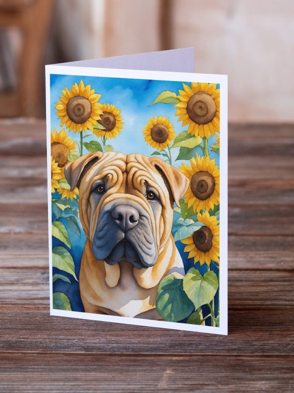 Shar Pei in Sunflowers Greeting Cards Pack of 8 Hot on Sale - Image 2