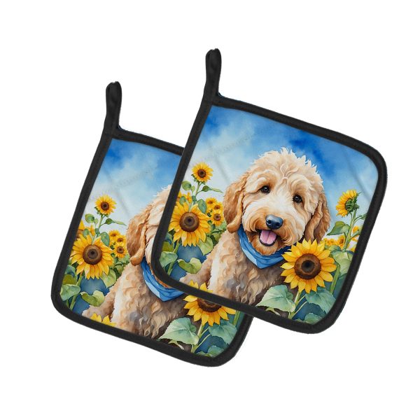 Goldendoodle in Sunflowers Pair of Pot Holders For Sale