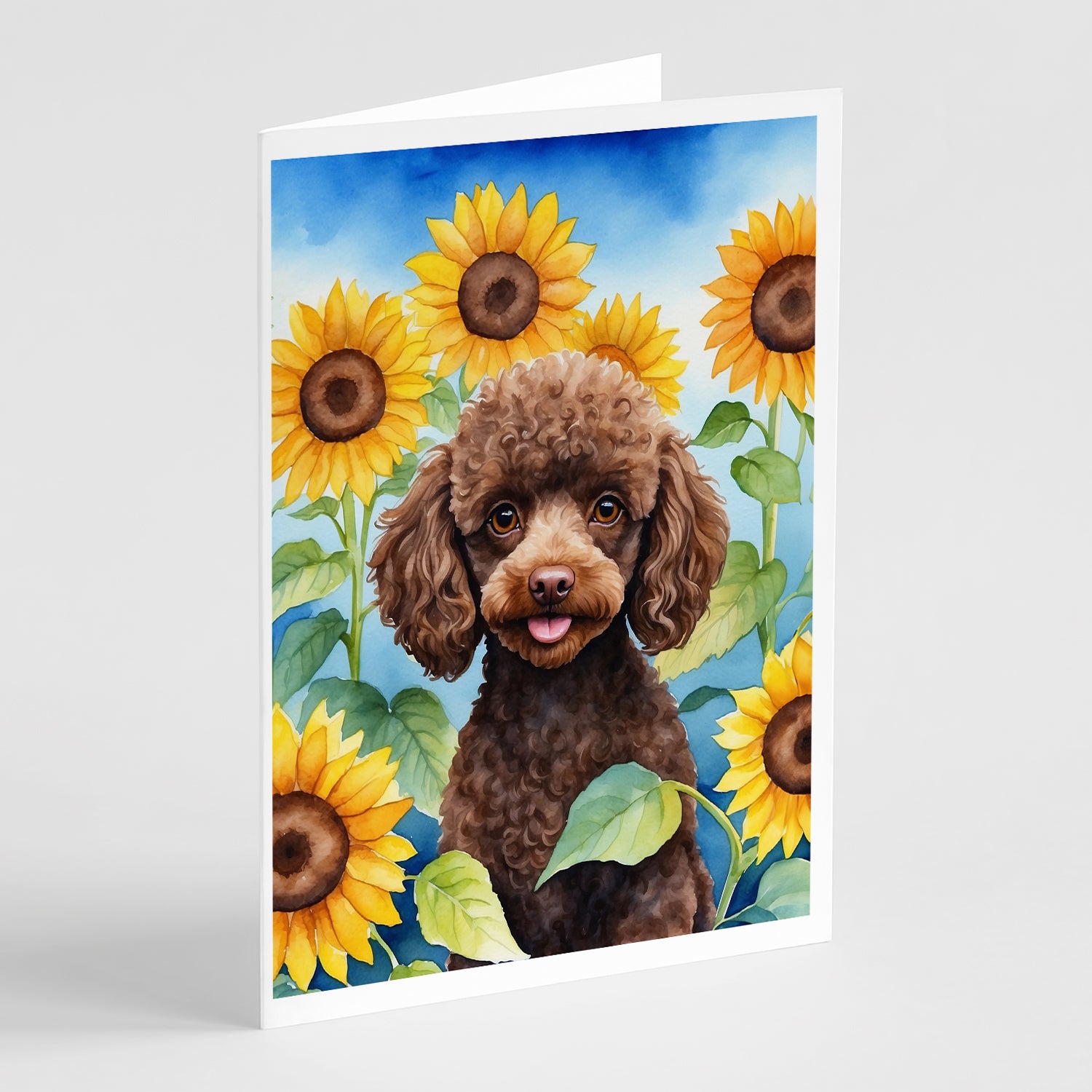 Chocolate Poodle in Sunflowers Greeting Cards Pack of 8 Fashion