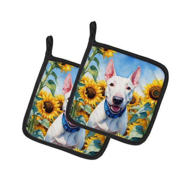English Bull Terrier in Sunflowers Pair of Pot Holders on Sale