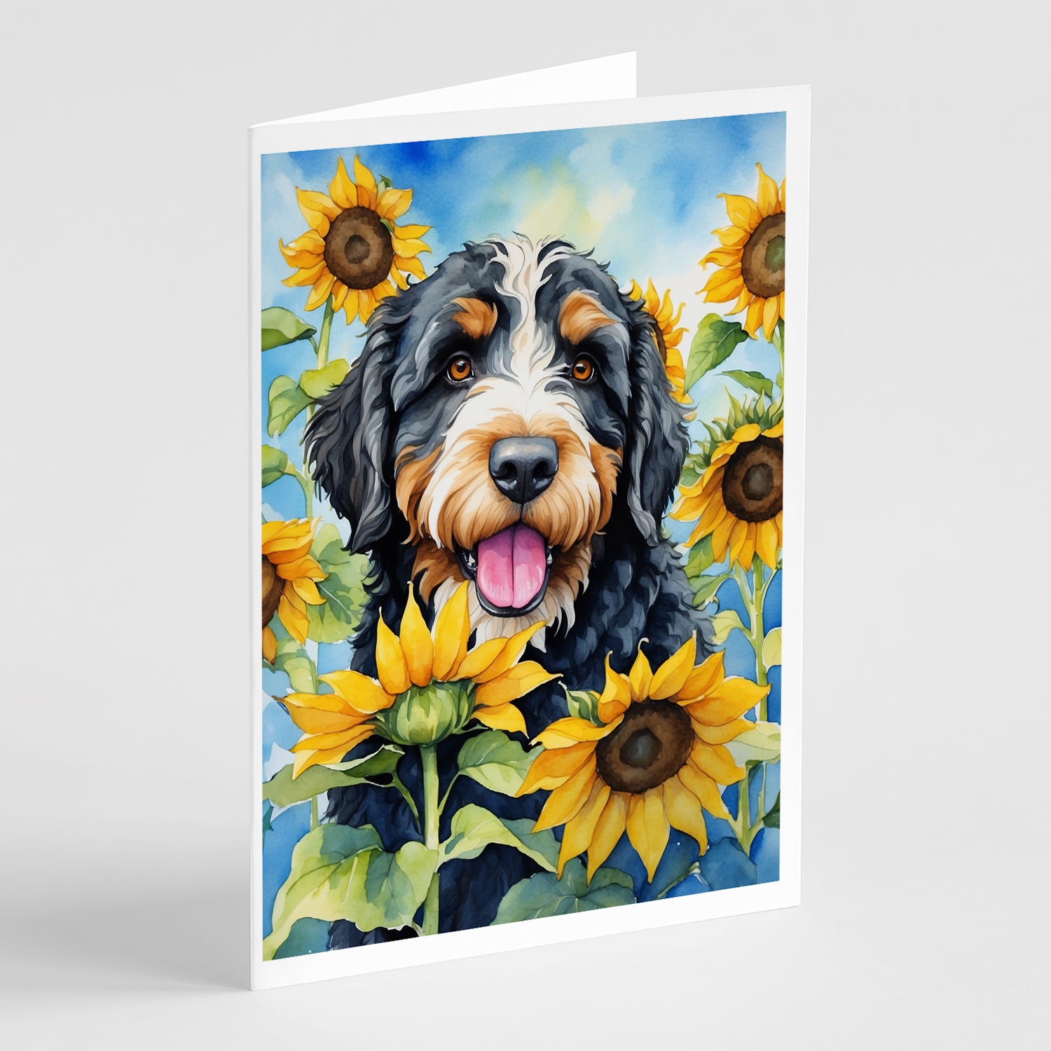 Bernedoodle in Sunflowers Greeting Cards Pack of 8 Supply