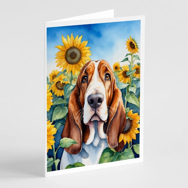 Basset Hound in Sunflowers Greeting Cards Pack of 8 on Sale
