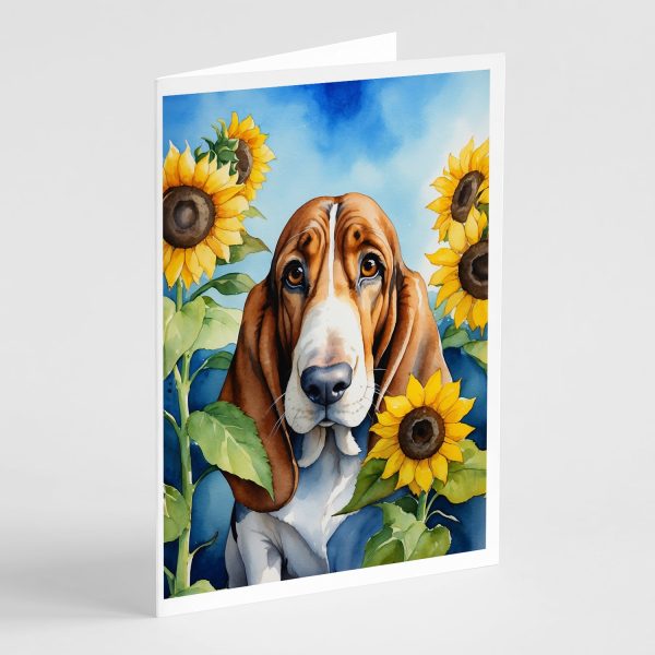 Basset Hound in Sunflowers Greeting Cards Pack of 8 Cheap