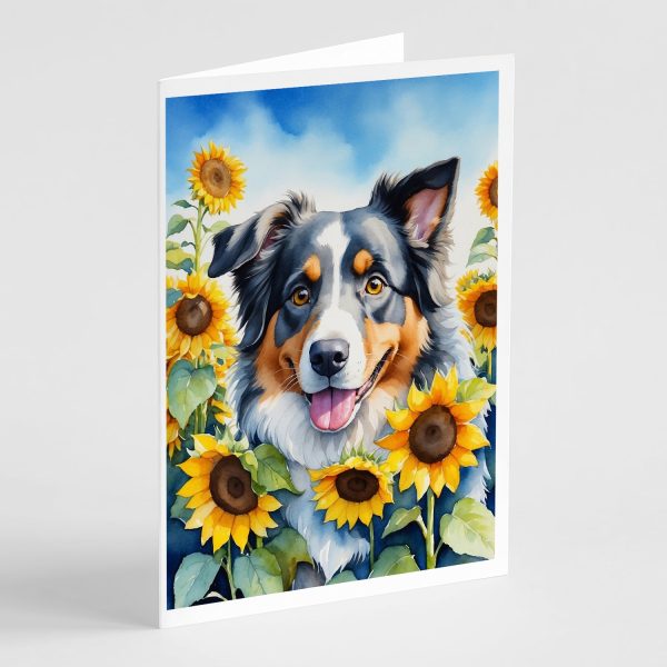 Australian Shepherd in Sunflowers Greeting Cards Pack of 8 on Sale