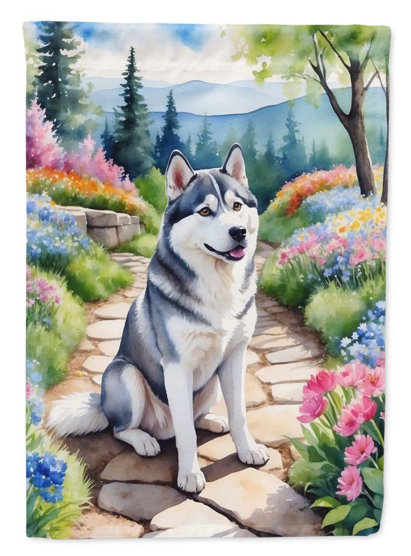 Siberian Husky Spring Path Garden Flag  – Dog-Themed Floral Outdoor Decor For Sale