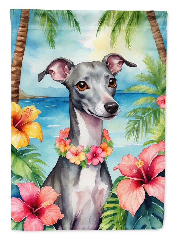 Italian Greyhound Luau Garden Flag – Tropical Dog Decor with Hibiscus & Palm Leaves Supply