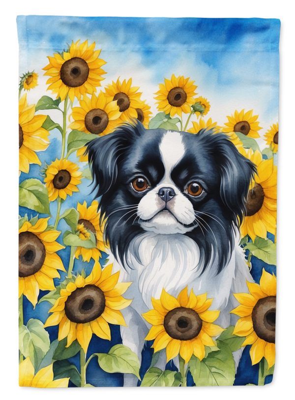 Japanese Chin in Sunflowers Garden Flag – Bright Dog-Themed Yard Decor For Cheap
