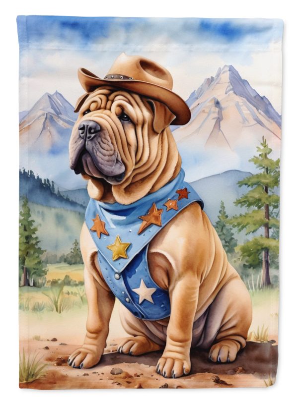 Shar Pei Cowboy Welcome Garden Flag – Western Dog Yard Decor with Mountain Landscape Online now