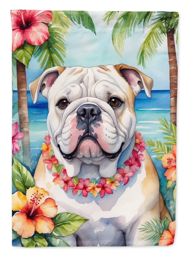 English Bulldog Luau Garden Flag – Tropical Dog Decor with Hibiscus & Palm Leaves Online now