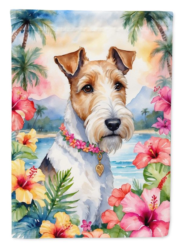 Fox Terrier Luau Garden Flag – Tropical Dog Decor with Hibiscus & Palm Leaves For Cheap