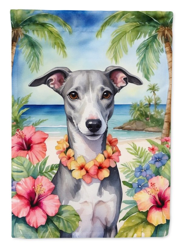 Whippet Luau Garden Flag – Tropical Dog Decor with Hibiscus & Palm Leaves For Sale
