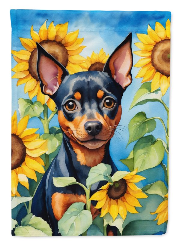 Miniature Pinscher in Sunflowers House Flag Discount
