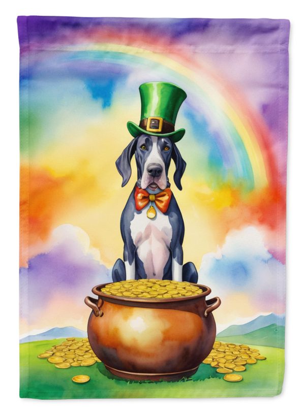 Great Dane St. Patrick’s Day Garden Flag – Dog with Pot of Gold & Rainbow Yard Decor For Sale