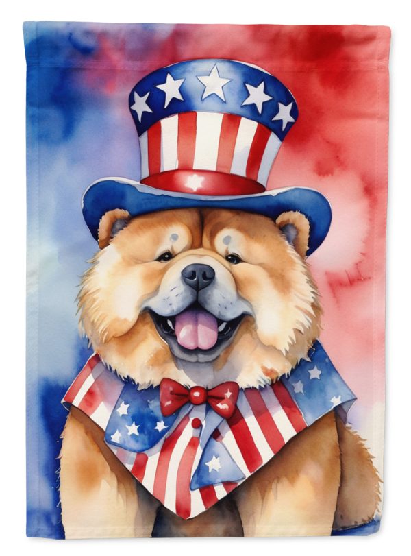 Chow Chow Patriotic American Garden Flag – Dog in Uncle Sam Hat | Red, White & Blue Outdoor Decor For Sale