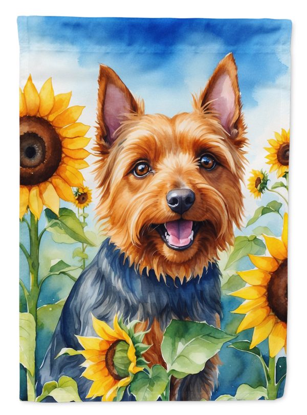Australian Terrier in Sunflowers House Flag For Discount