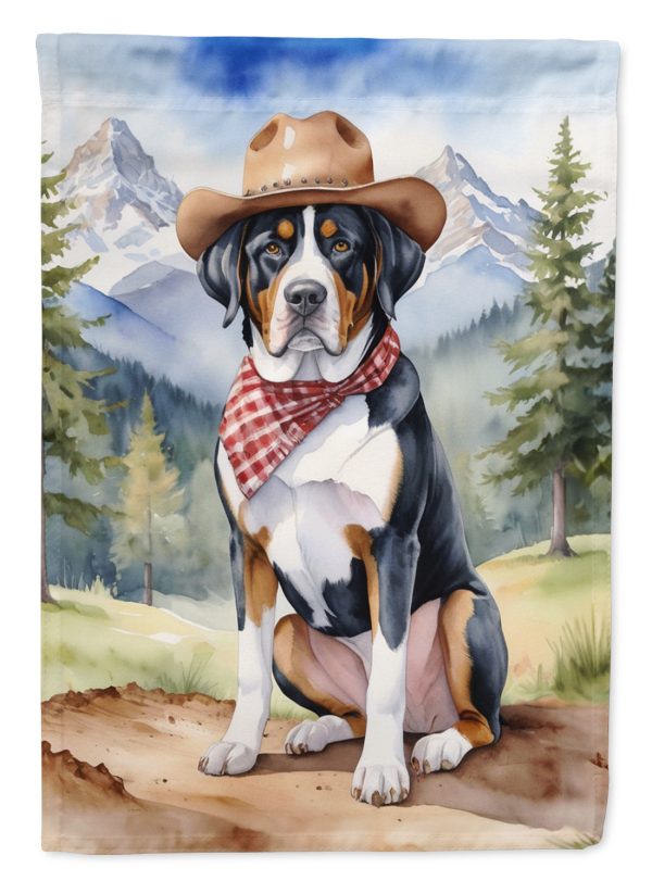 Greater Swiss Mountain Dog Cowboy Welcome Garden Flag – Western Dog Yard Decor with Mountain Landscape For Cheap