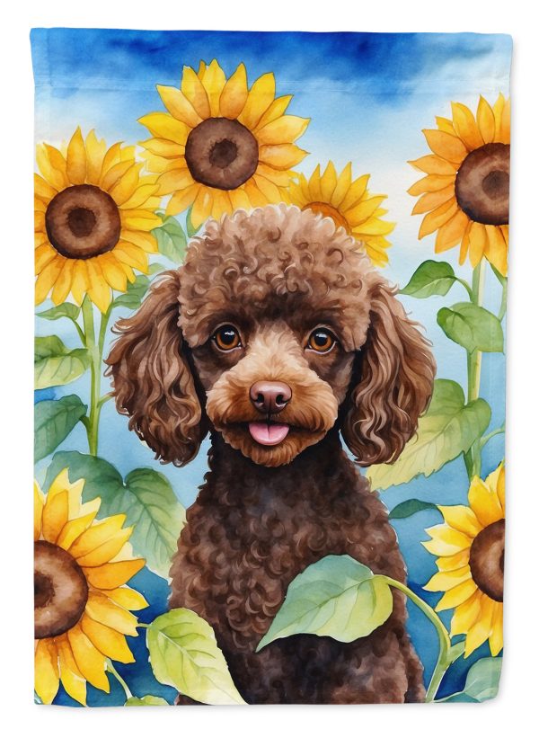 Chocolate Poodle in Sunflowers House Flag Cheap