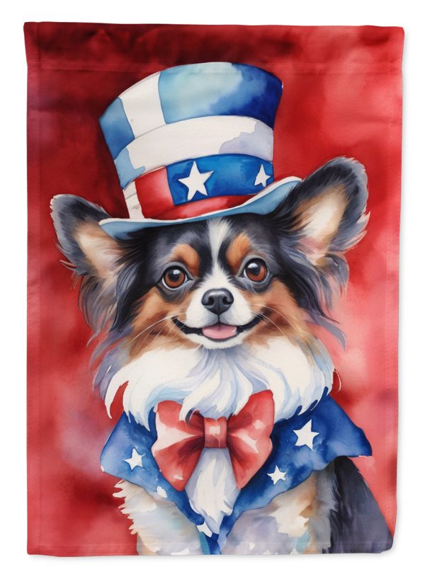 Papillon Patriotic American Garden Flag – Dog in Uncle Sam Hat | Red, White & Blue Outdoor Decor For Cheap