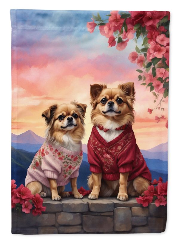 Tibetan Spaniel Two Hearts Garden Flag –  Romantic Dog Pair with Sunset & Mountain Background Cheap