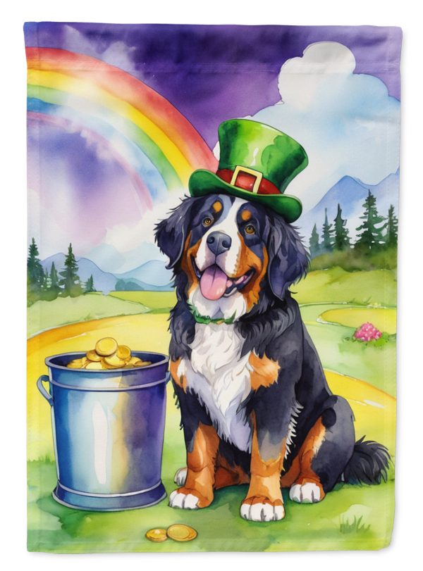 Bernese Mountain Dog St. Patrick’s Day Garden Flag – Dog with Pot of Gold & Rainbow Yard Decor Sale