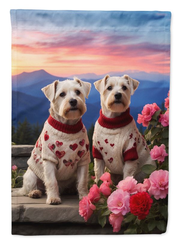Sealyham Terrier Two Hearts Garden Flag –  Romantic Dog Pair with Sunset & Mountain Background For Cheap