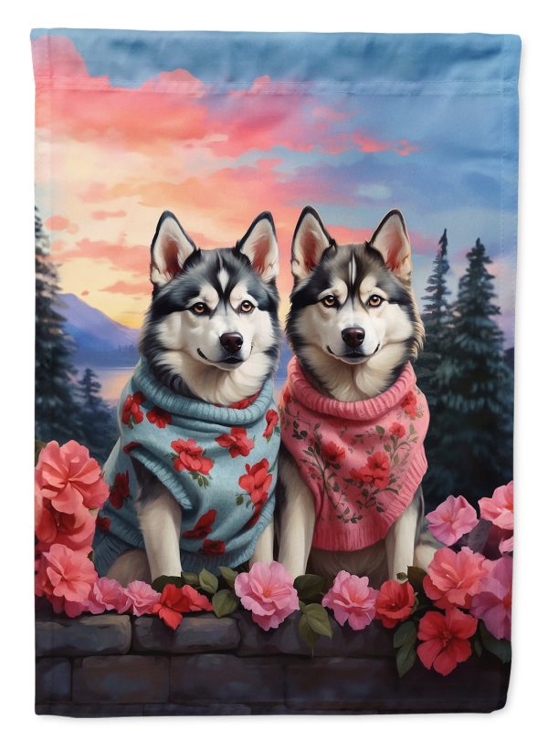 Siberian Husky Two Hearts Garden Flag –  Romantic Dog Pair with Sunset & Mountain Background Fashion