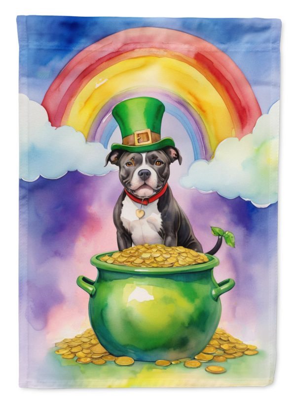 Staffordshire Bull Terrier St. Patrick’s Day Garden Flag – Dog with Pot of Gold & Rainbow Yard Decor Hot on Sale