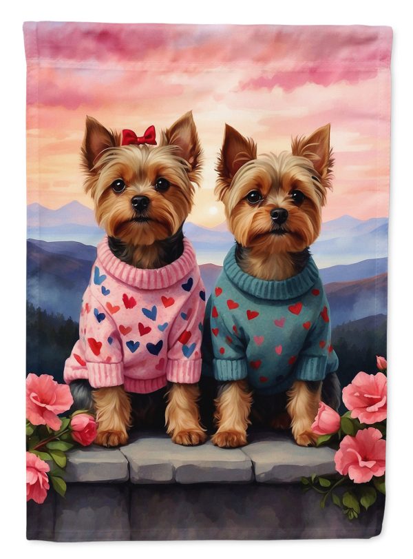Yorkshire Terrier Two Hearts Garden Flag –  Romantic Dog Pair with Sunset & Mountain Background For Cheap