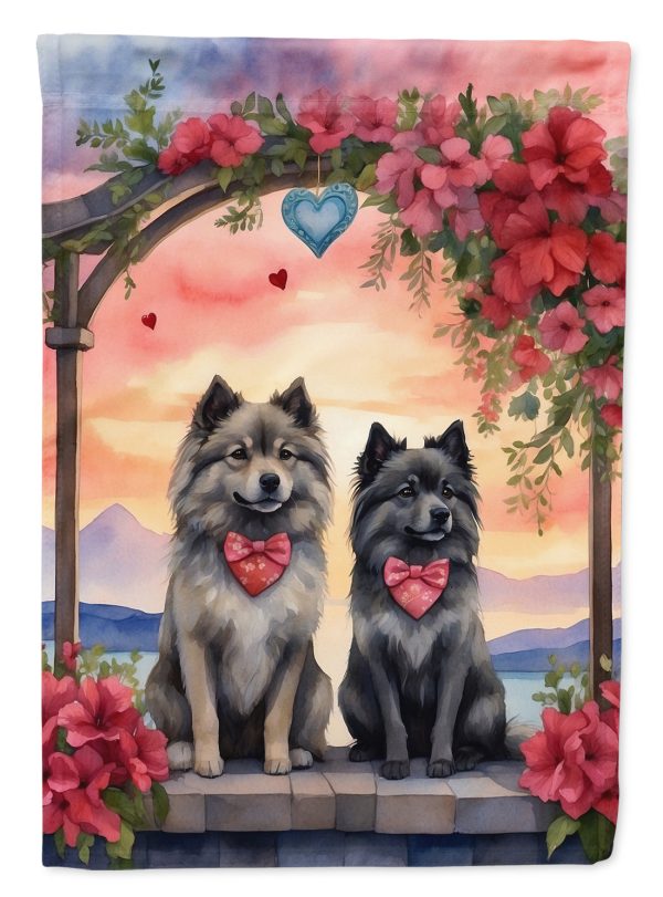 Keeshond Two Hearts Garden Flag –  Romantic Dog Pair with Sunset & Mountain Background Supply