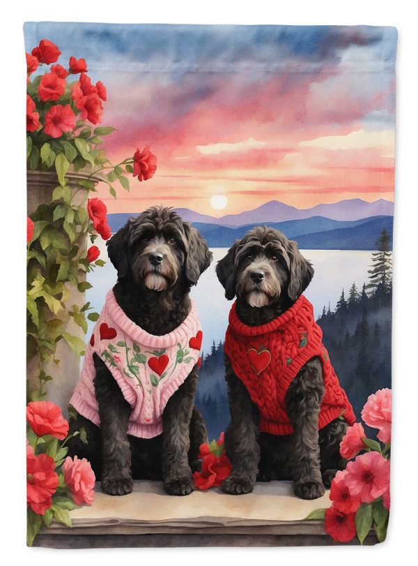 Portuguese Water Dog Two Hearts Garden Flag –  Romantic Dog Pair with Sunset & Mountain Background Online Sale