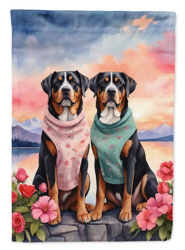 Greater Swiss Mountain Dog Two Hearts Garden Flag –  Romantic Dog Pair with Sunset & Mountain Background Online