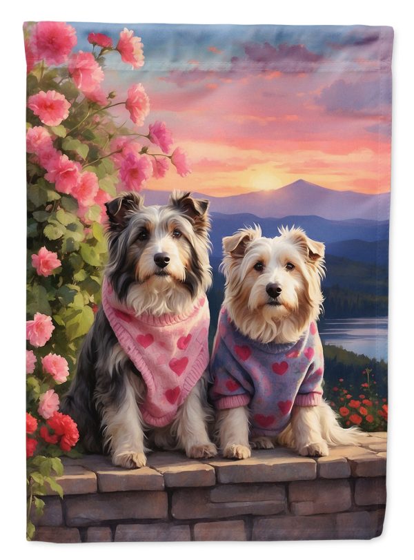 Bearded Collie Two Hearts Garden Flag –  Romantic Dog Pair with Sunset & Mountain Background Sale