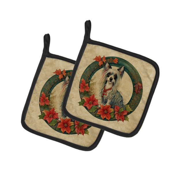 Chinese Crested Christmas Flowers Pair of Pot Holders For Sale