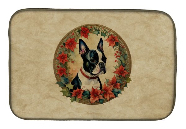 Boston Terrier Christmas Flowers Dish Drying Mat Online